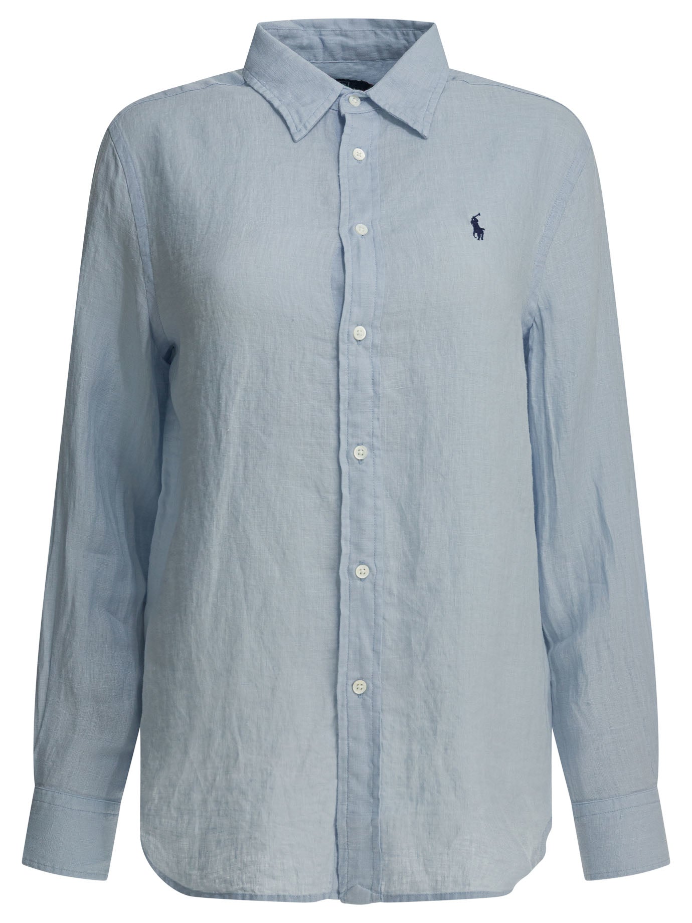 Light Blue Linen Shirt with Classic Collar and Embroidered Logo