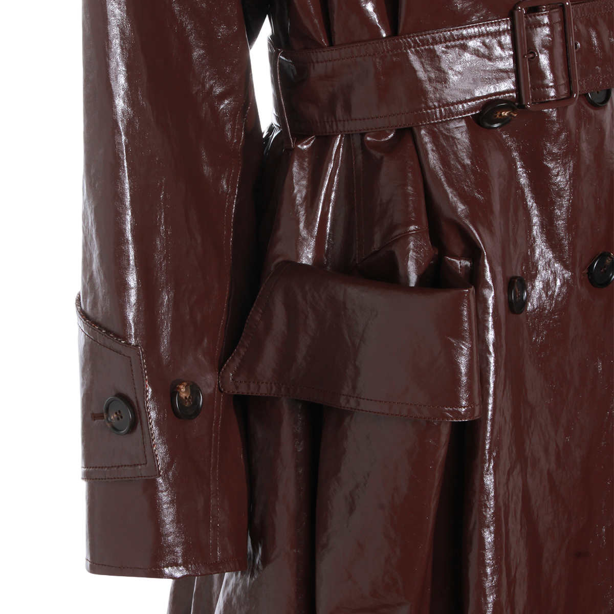 Glossy Dark Brown Double-Breasted Belted Trench Coat