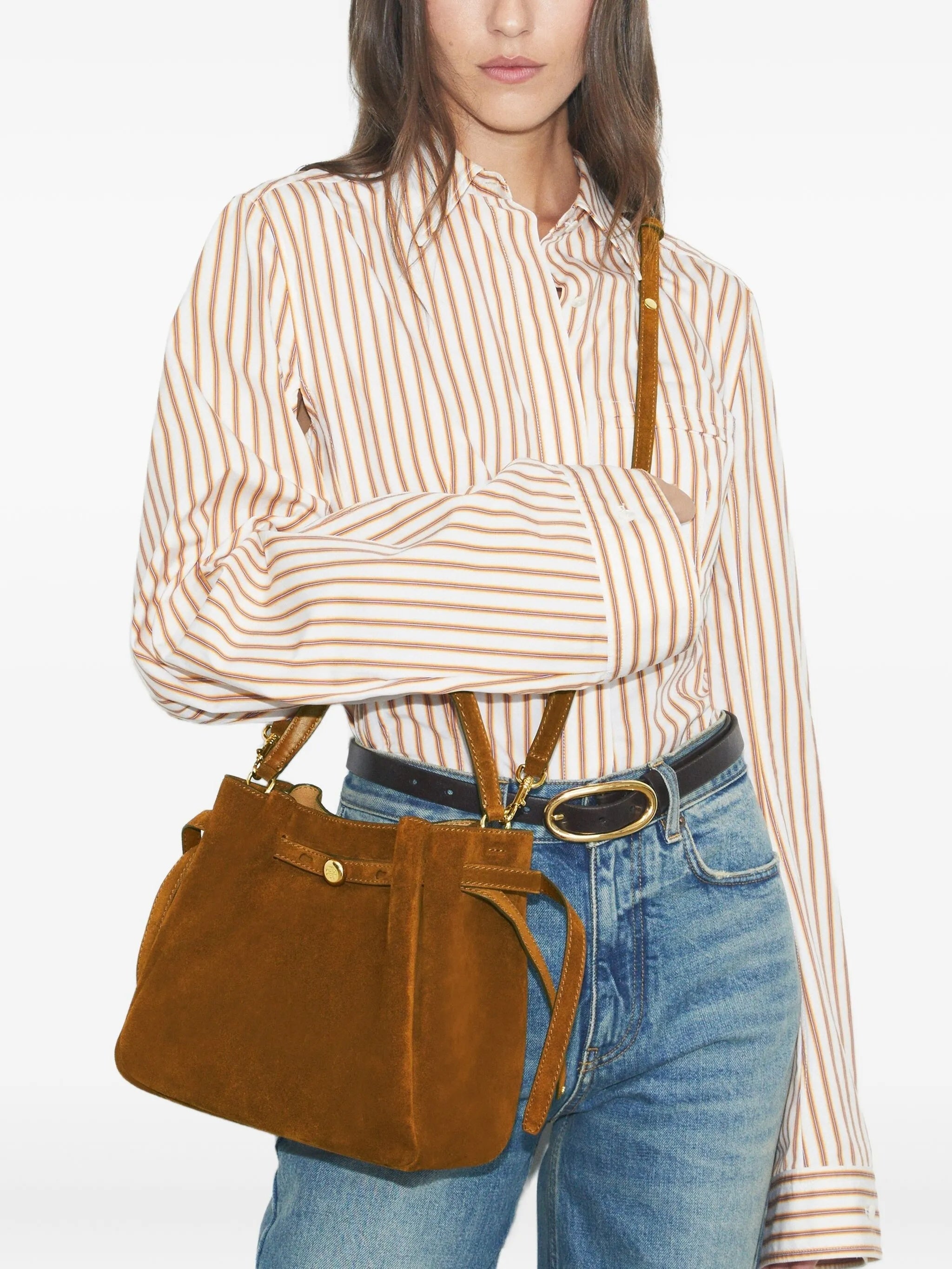 Structured Suede Brown Bucket Bag with Gold Accents