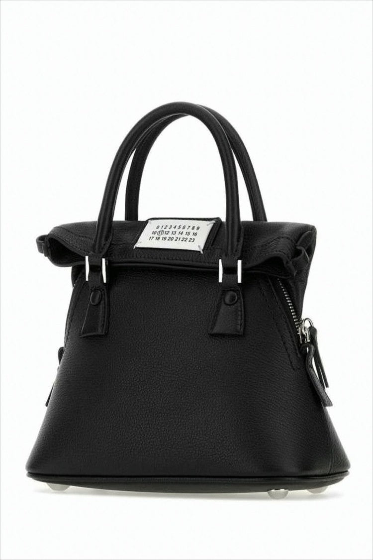 Trapezoidal Black Goat Leather Tote Bag With Silver Hardware