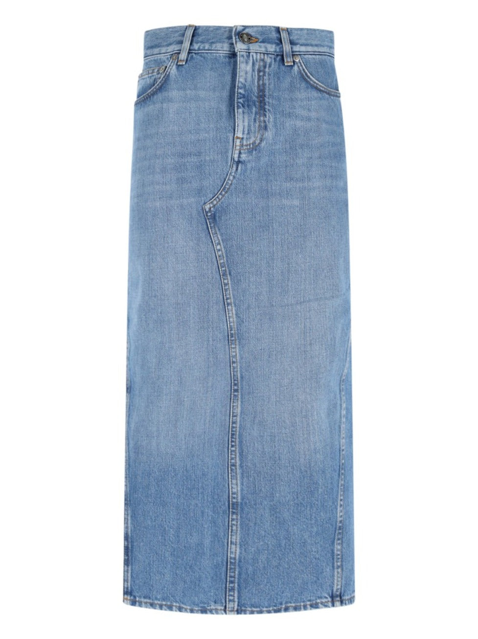 Side Slit Midi Denim Skirt With Logo Patch