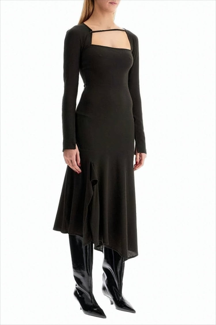Fitted Black Midi Dress With Asymmetrical Hem And Square Neckline