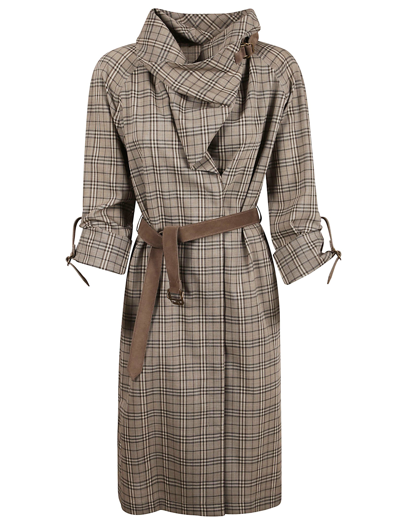 Wool Check Dress with Shawl Collar