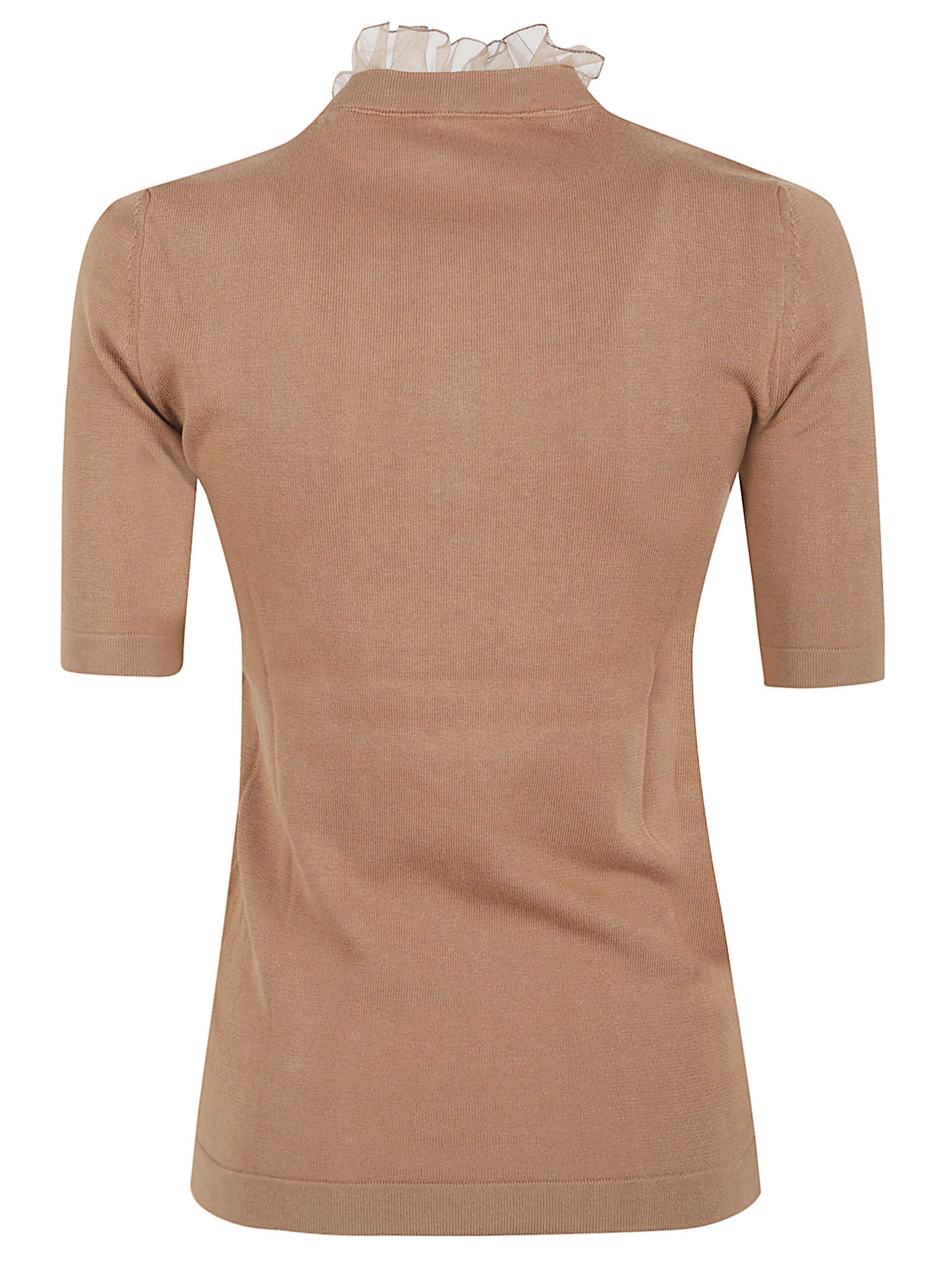Short-Sleeved Top with Ruffled Neckline and Button Placket