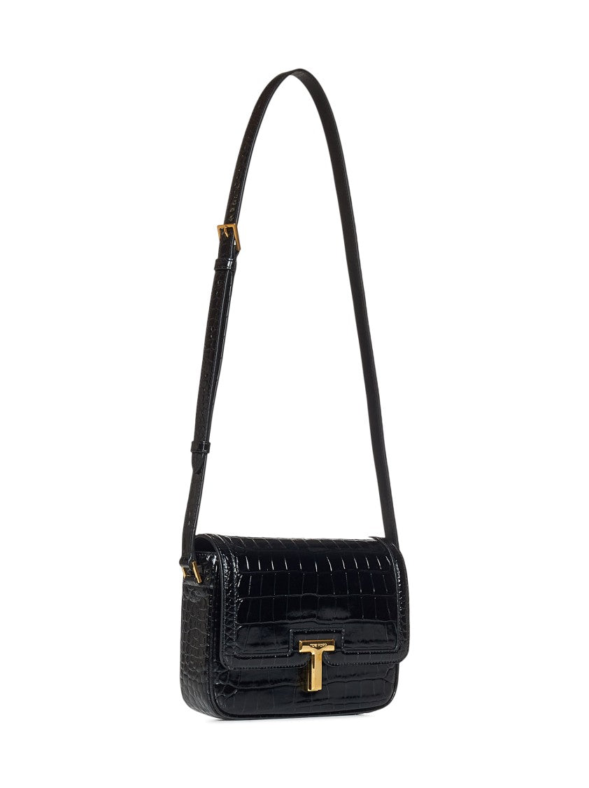 Black Crocodile-Print Leather  Small Shoulder Bag