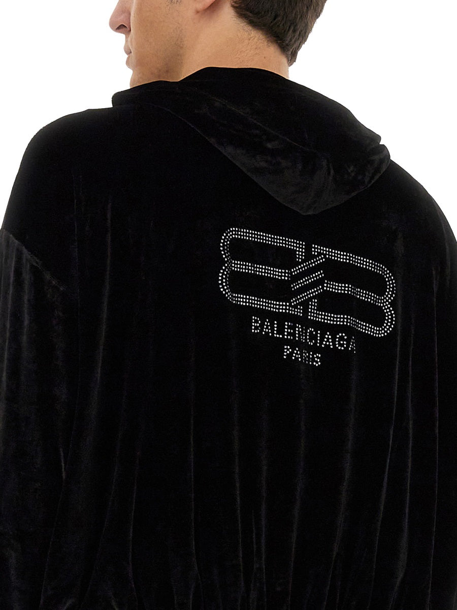Velvet Sweatshirt with Hood and Modern Silhouette