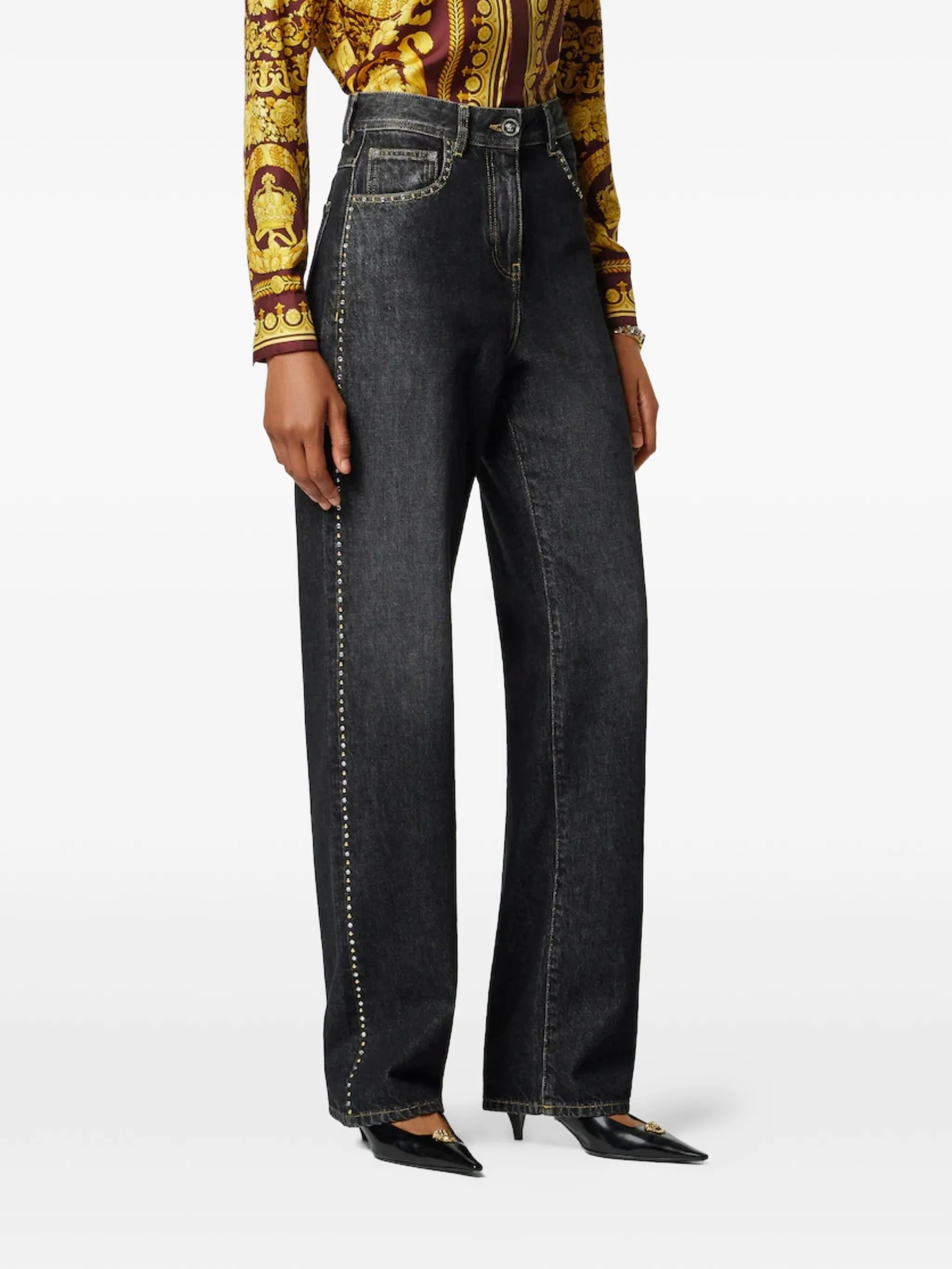 Dark Washed Wide-Leg Studded Denim Jeans