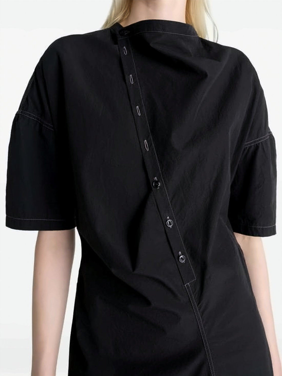 Asymmetrical Button Closure Midi Dress with Structured Silhouette