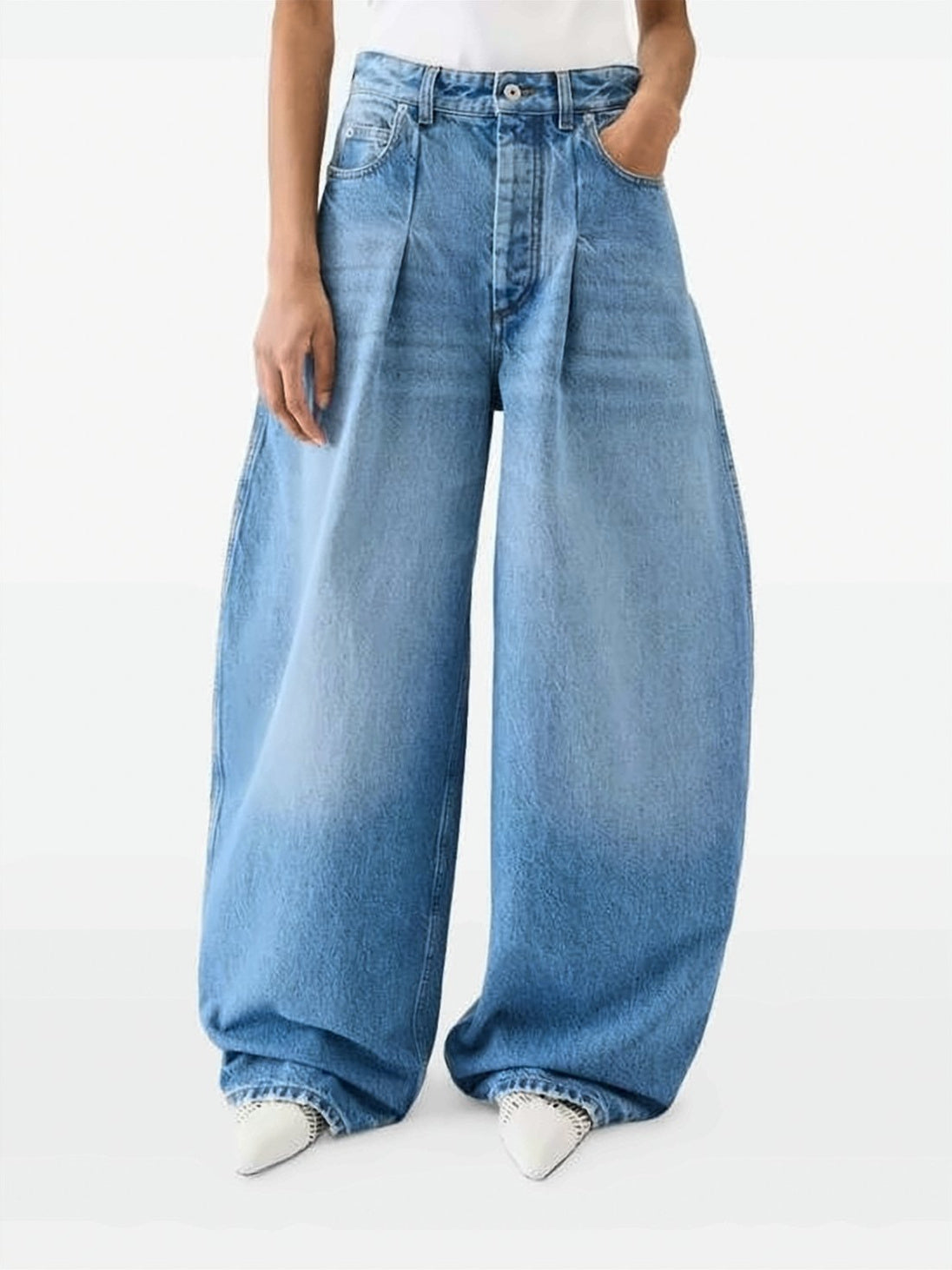 Wide-Leg Denim Trousers with Pleated Detailing