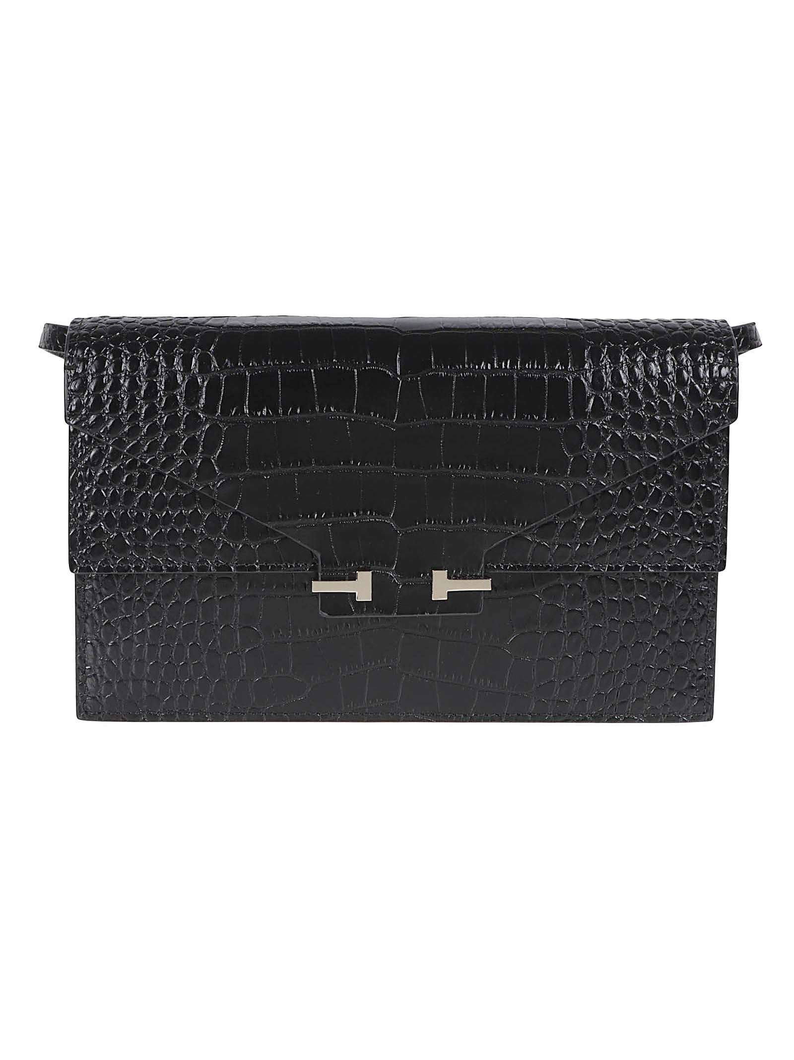 Rectangular Black Crocodile-Effect Bag with Adjustable Strap