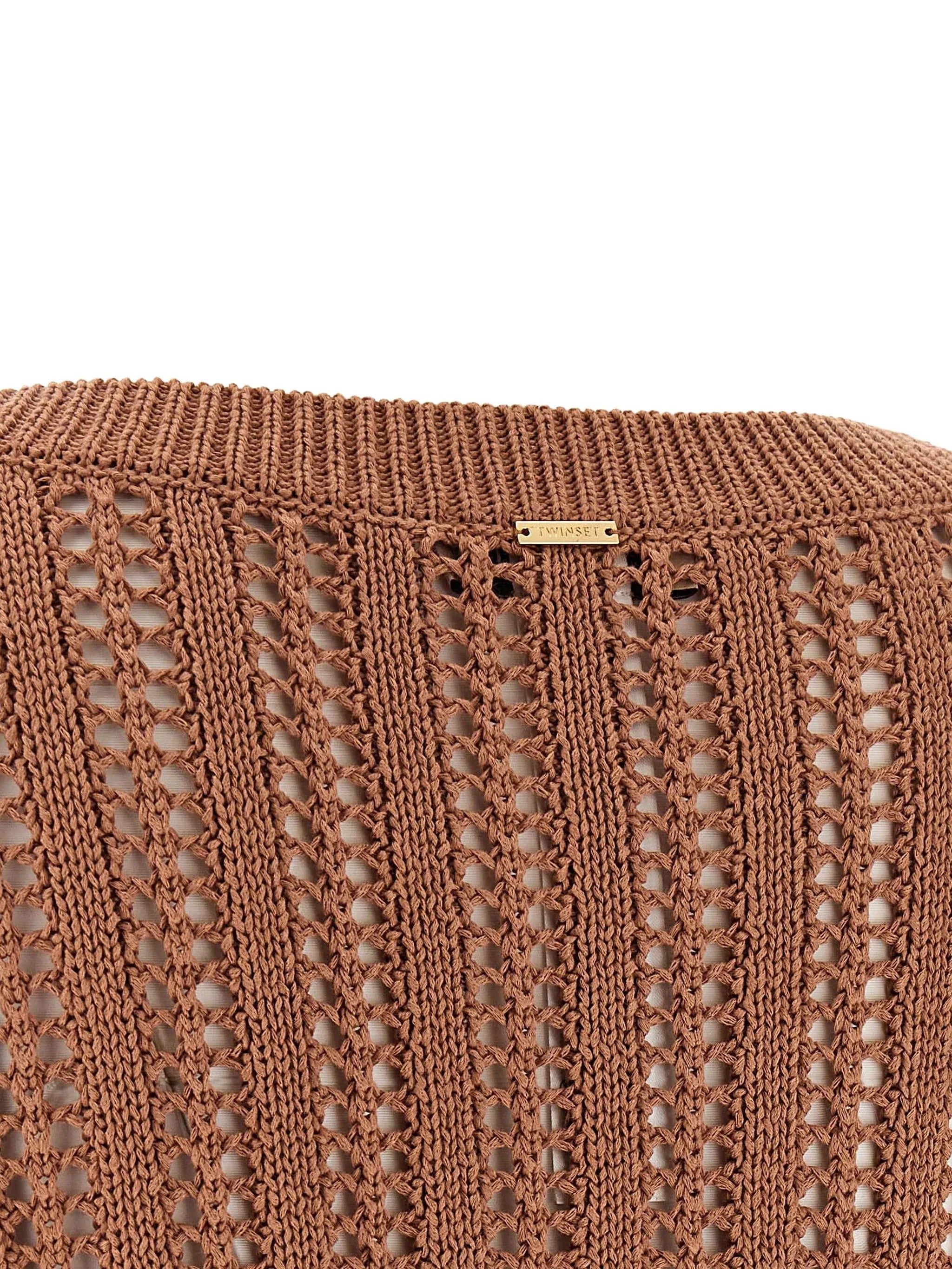 Brown Cropped Openwork Knit Sweater
