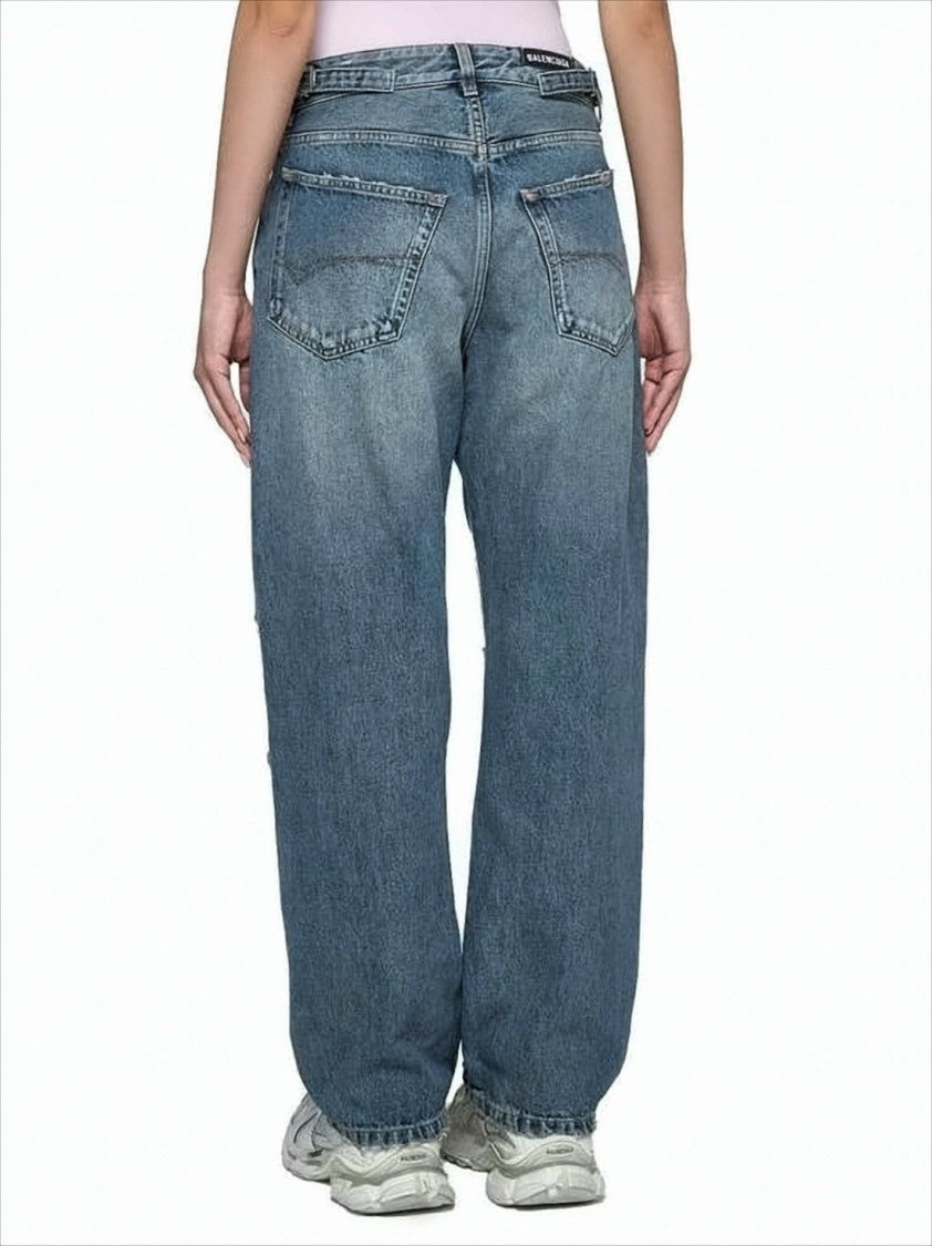Distressed Denim Pants with Relaxed Fit and Classic Five-Pocket Design