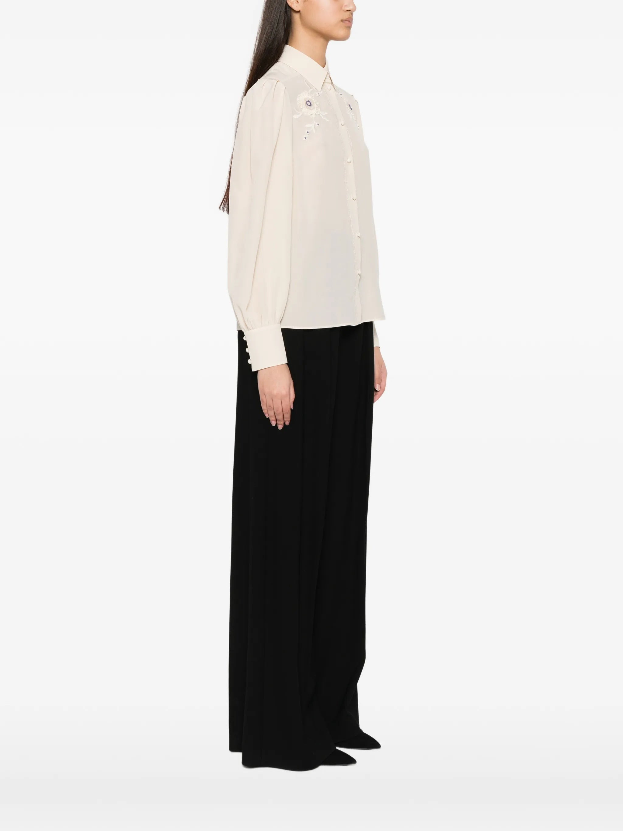 Neutral Floral Embroidered Puff Sleeve Shirt