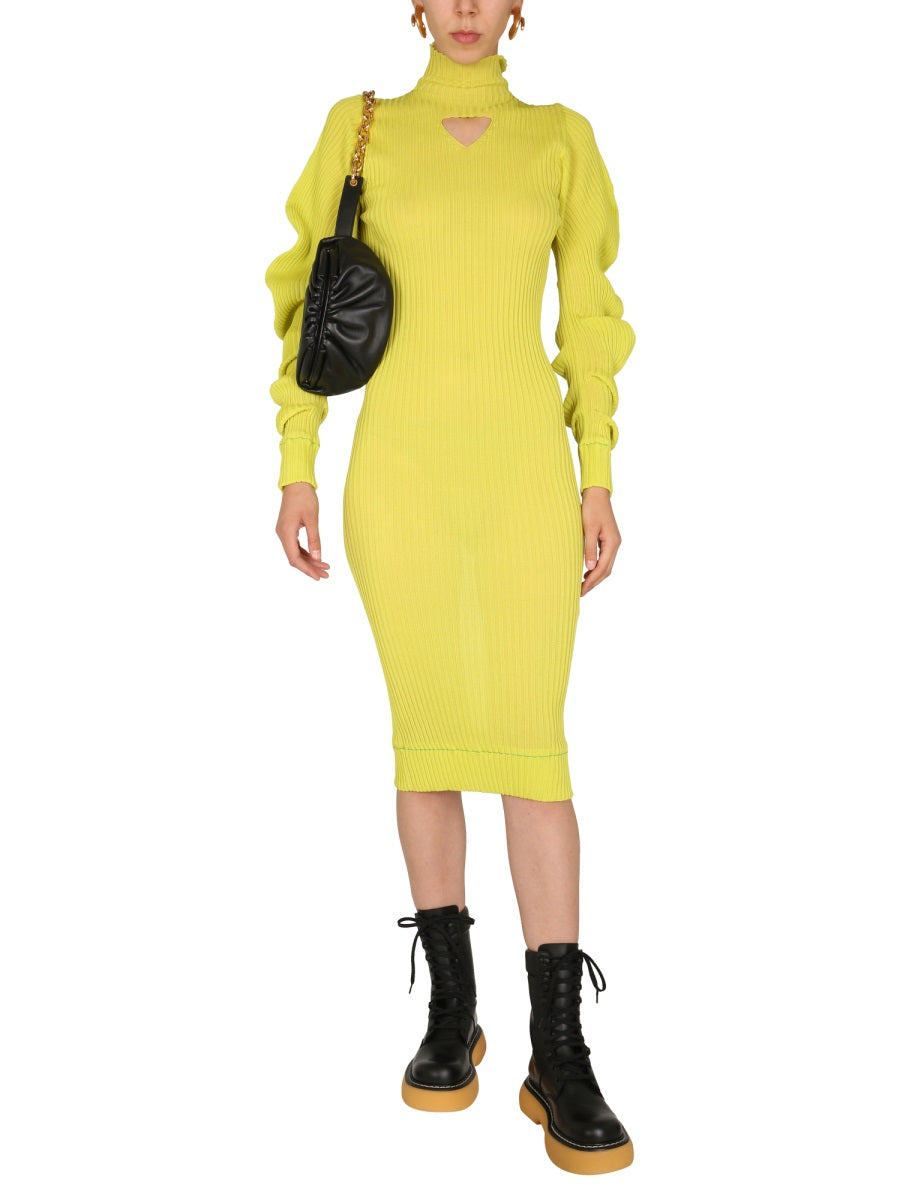 Polo Neck Silk Dress with Ruched Sleeves