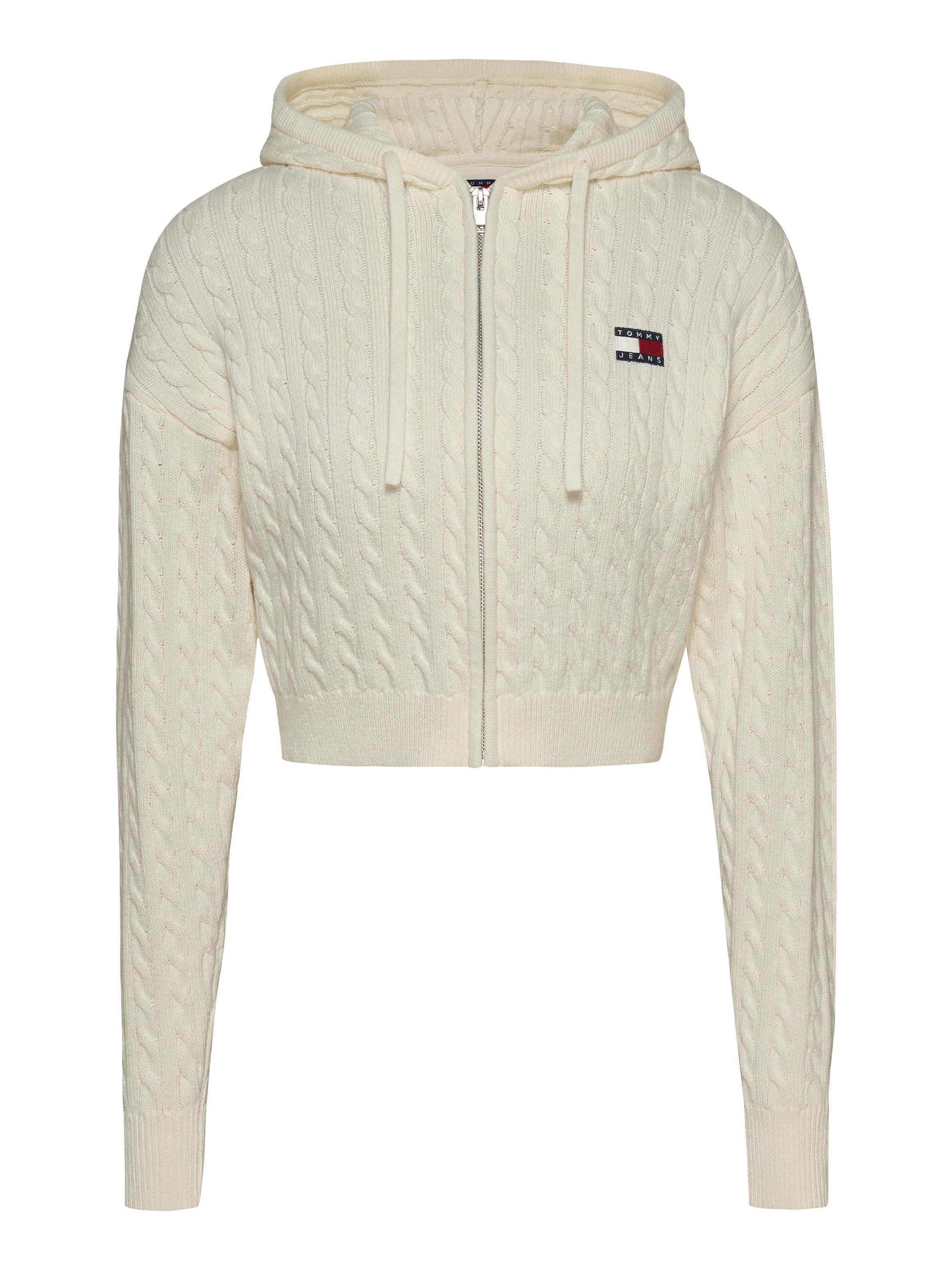 Full-Zip Cropped Hoodie With Textured Cable Knit