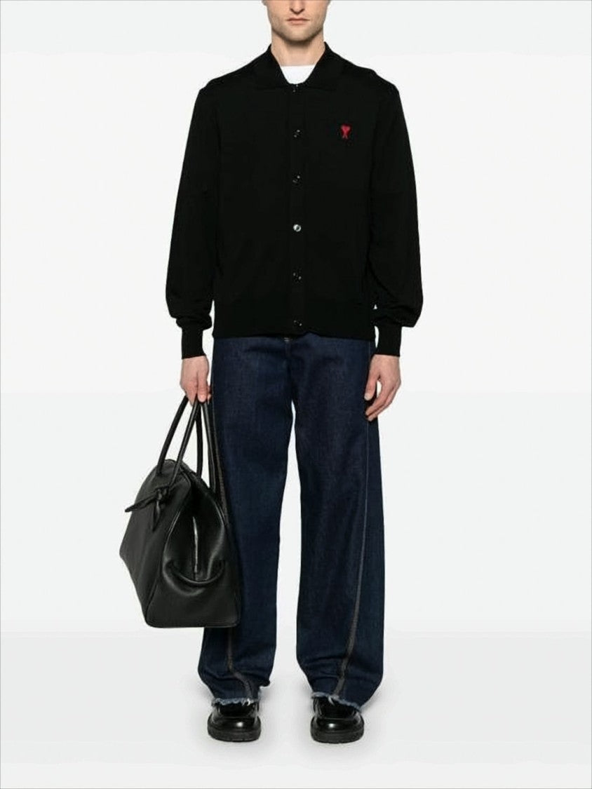 Button-Up Black Wool Cardigan with Classic Collar