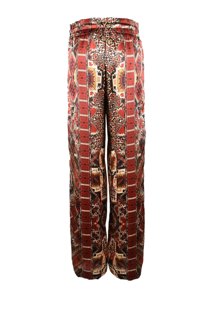 Wide-Leg Silk Trousers with Geometric Pattern