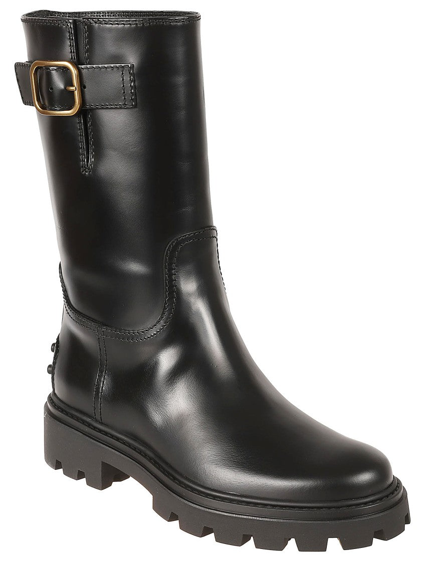 Calfskin Black Boots With Decorative Buckle