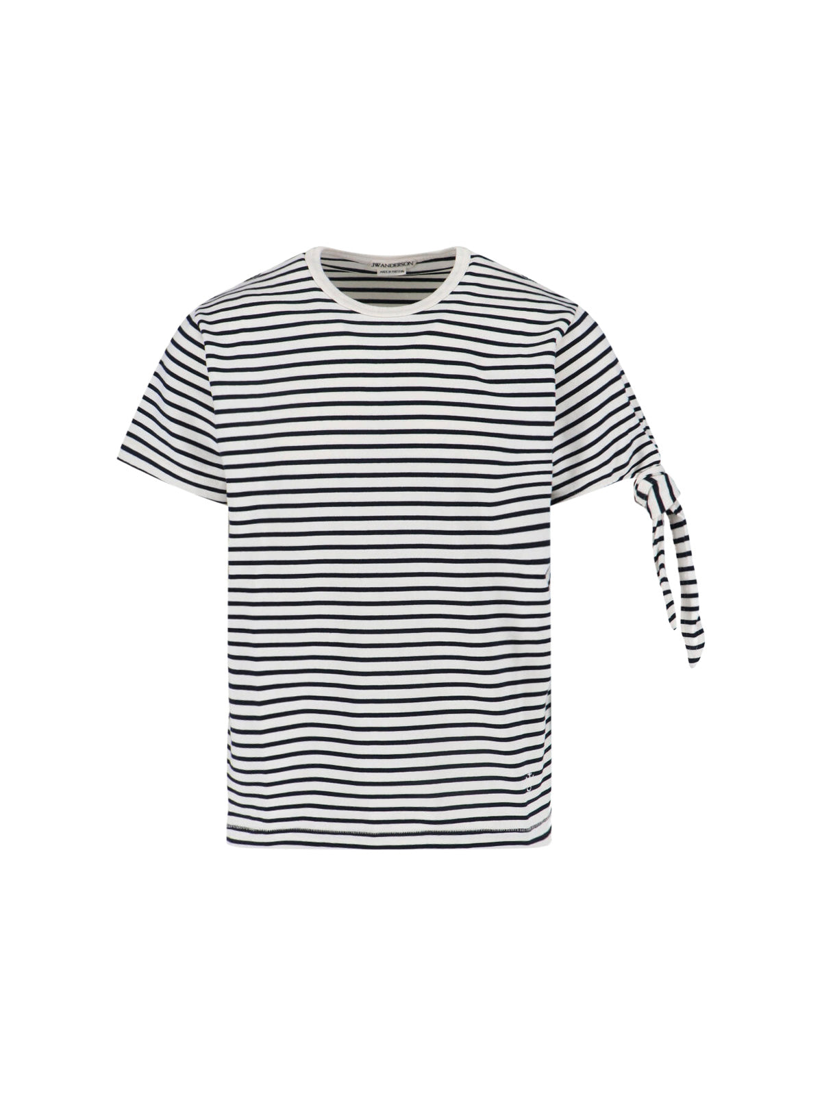 White Striped Knotted Sleeve Cotton T-Shirt