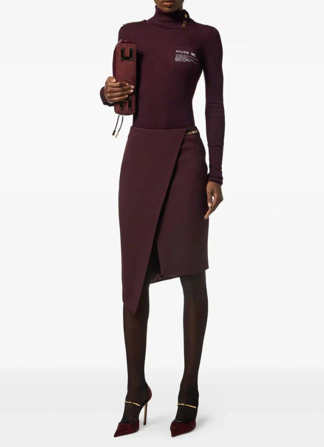 Burgundy Wraparound Skirt With Asymmetric Hem