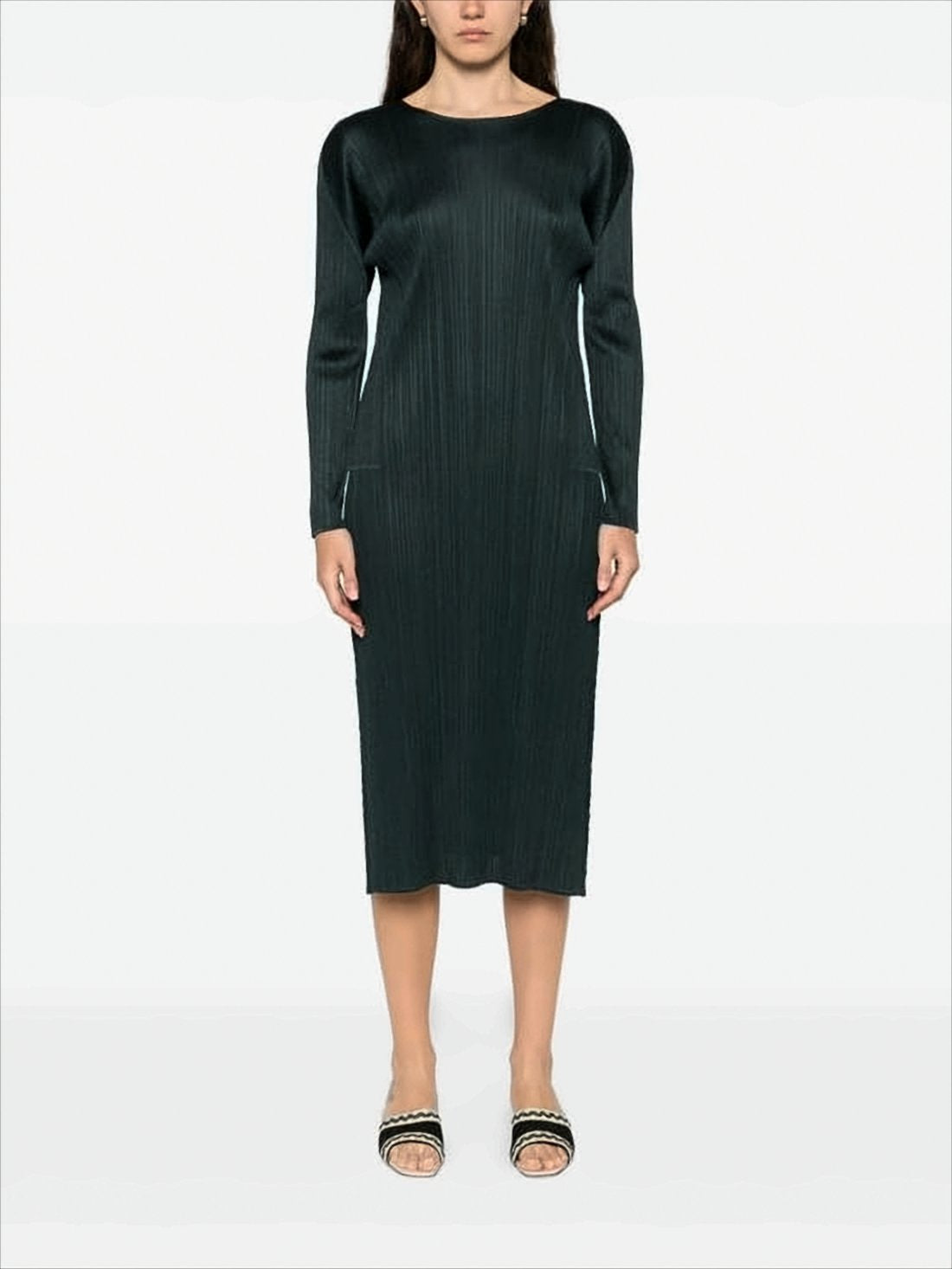 Pleated Midi Dress with Round Neckline
