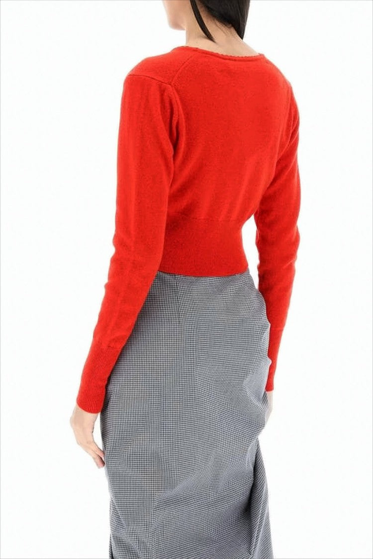 Cropped Knit Cardigan with Wooden Buttons and Emblem