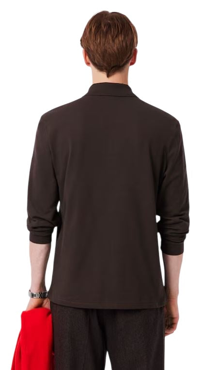 Brown Long Sleeves Polo with Mother-of-Pearl Button Placket