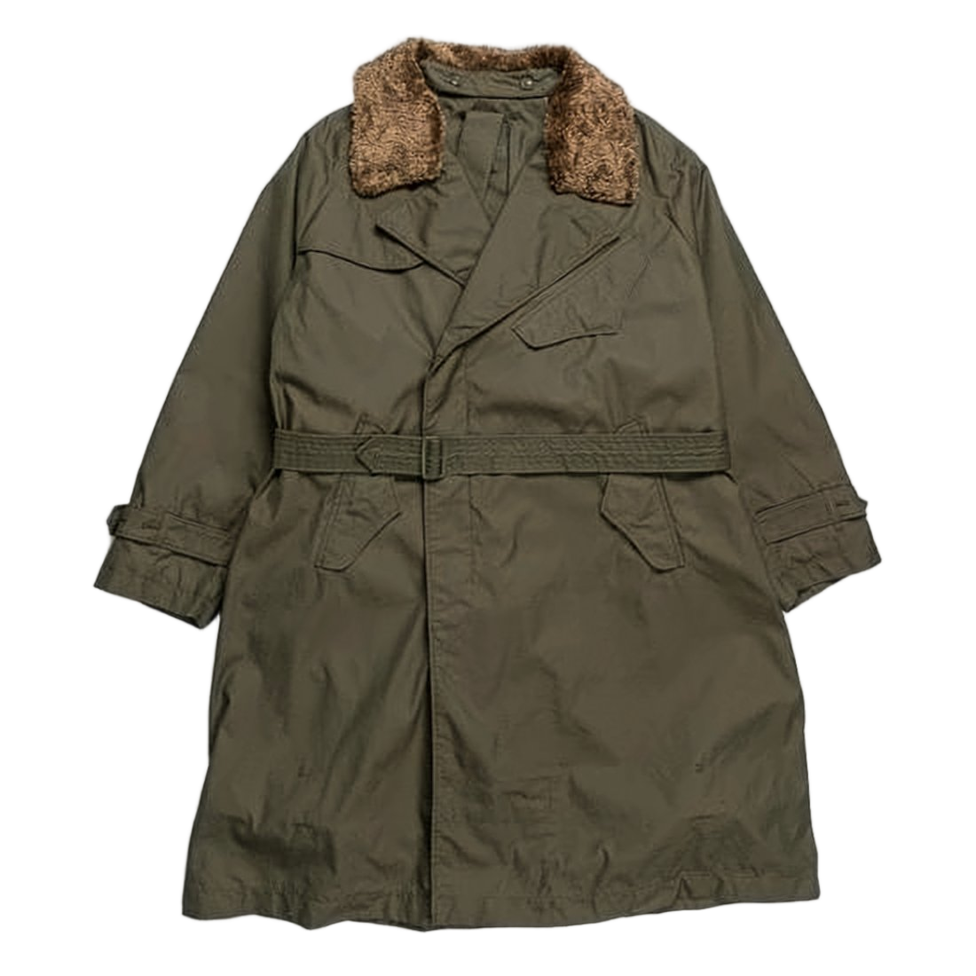 Olive Green Belted Coat With Faux Fur Collar
