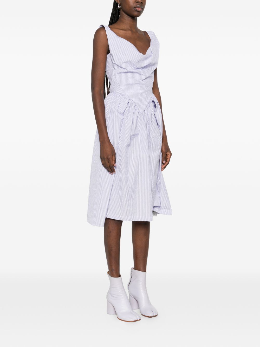 Sleeveless White Midi Dress With Draped Cowl Neckline And Gathered Waist