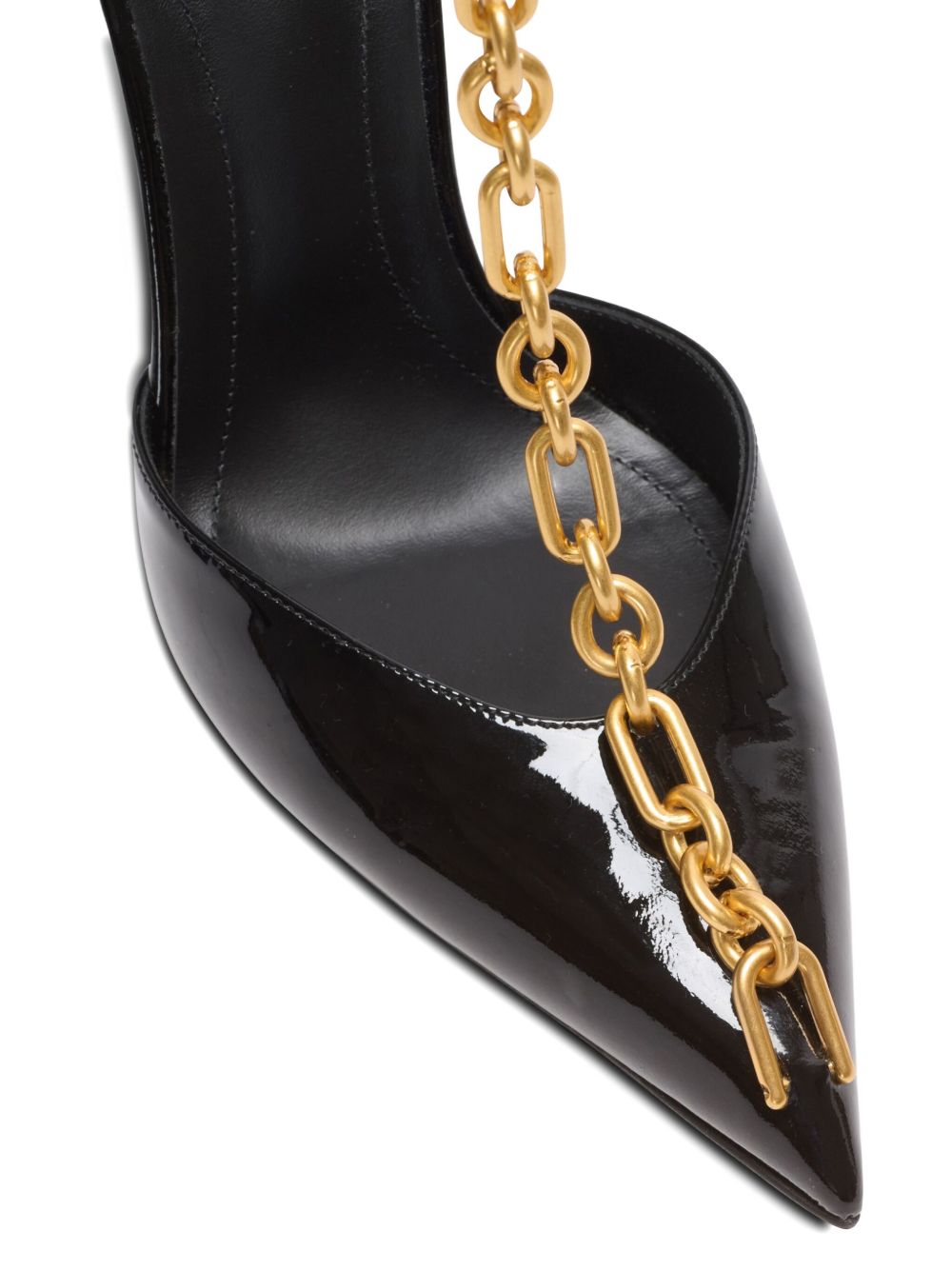 Glossy Pointed-Toe Pumps With Gold Chain Detailing