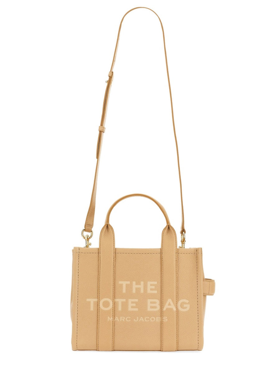 Beige Leather Small Structured Logo Tote Bag