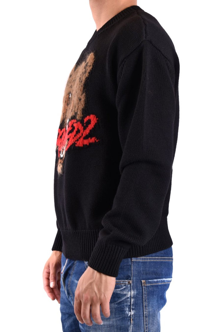Black Knitwear With Bear Graphic And Relaxed Fit