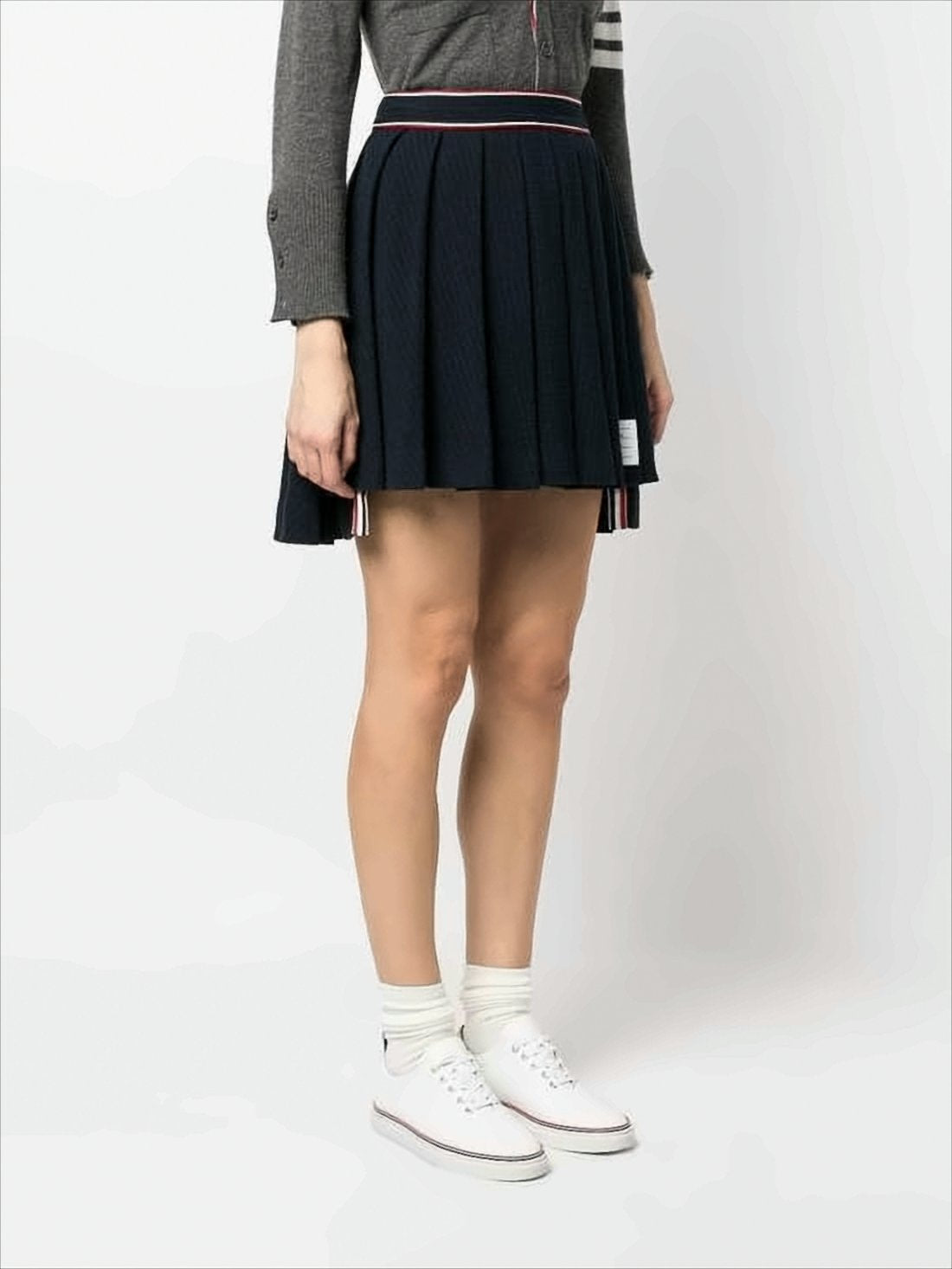 Pleated Mini Skirt with Structured Waistband and Striped Trim