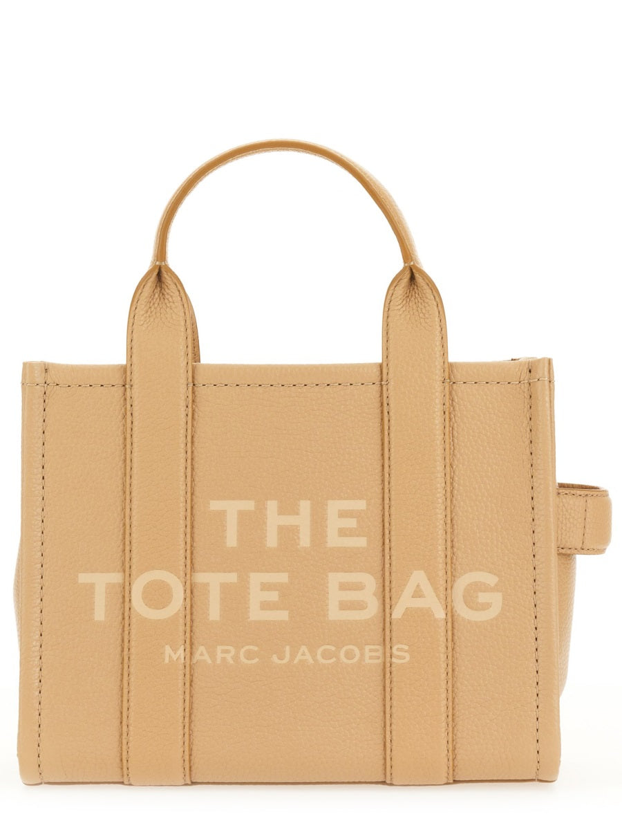 Beige Leather Small Structured Logo Tote Bag