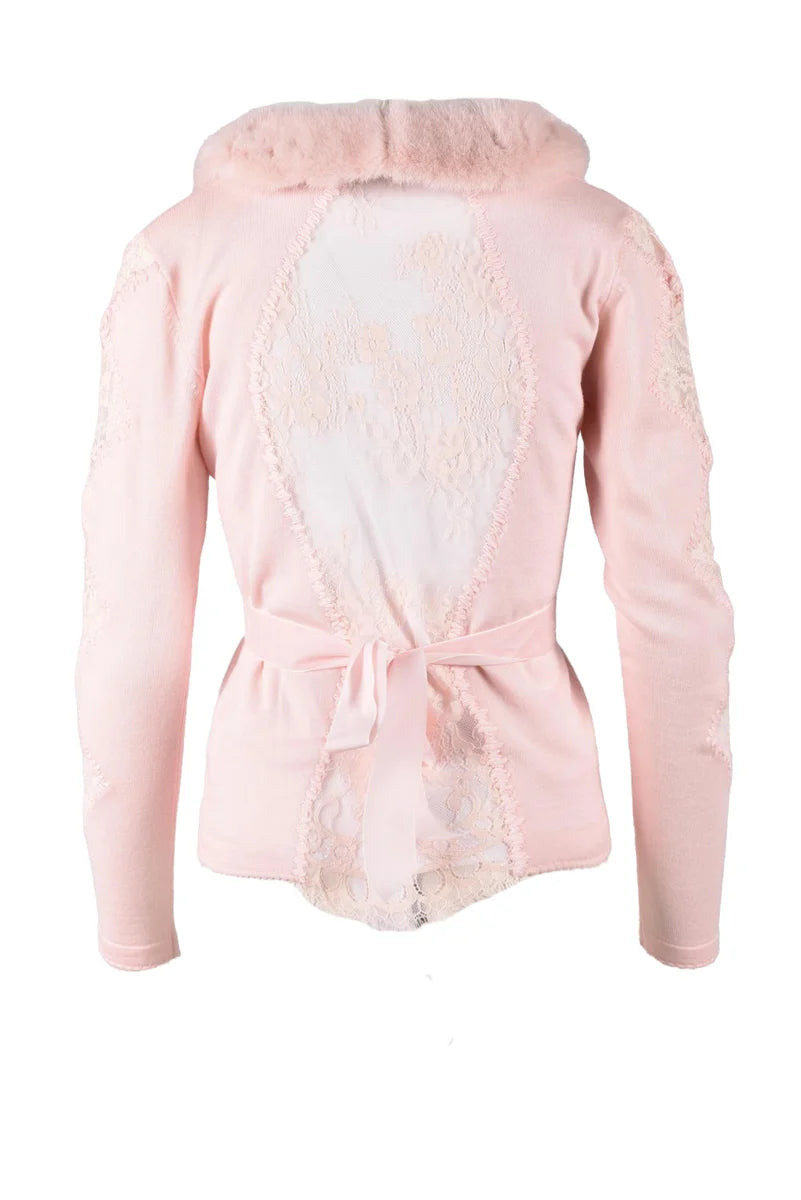 Viscose/Polyester Cardigan with Fur Details - Pink