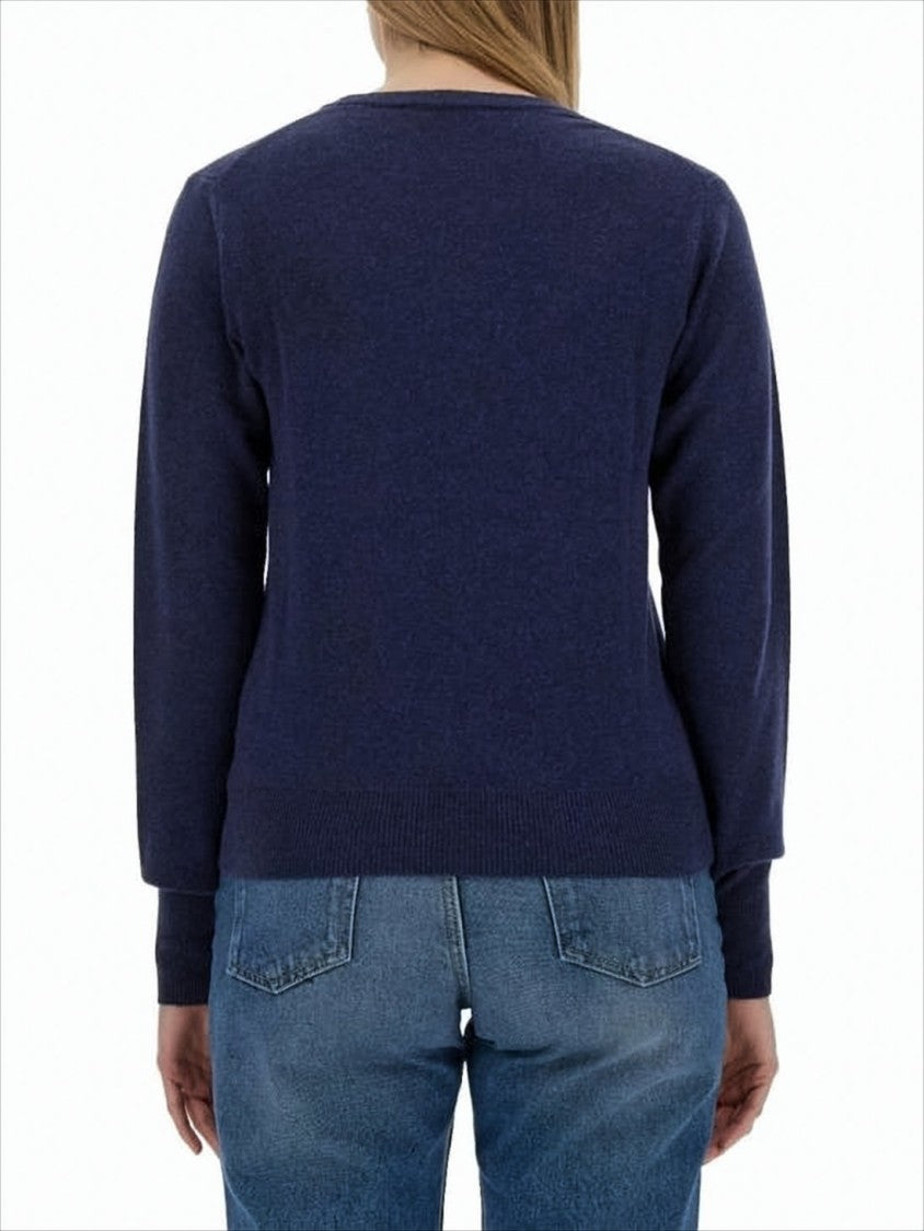 Blue Cashmere-Wool Blend Sweater with Ribbed Cuffs