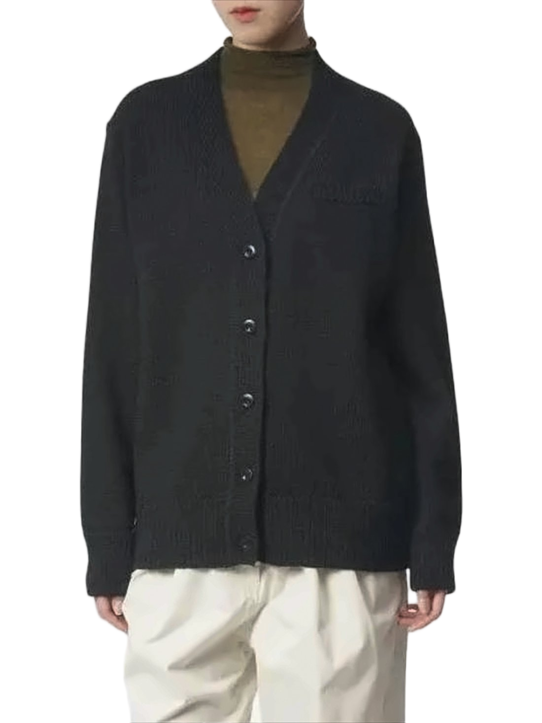 Relaxed Fit Wool Cardigan with V-Neckline and Button-Down Front