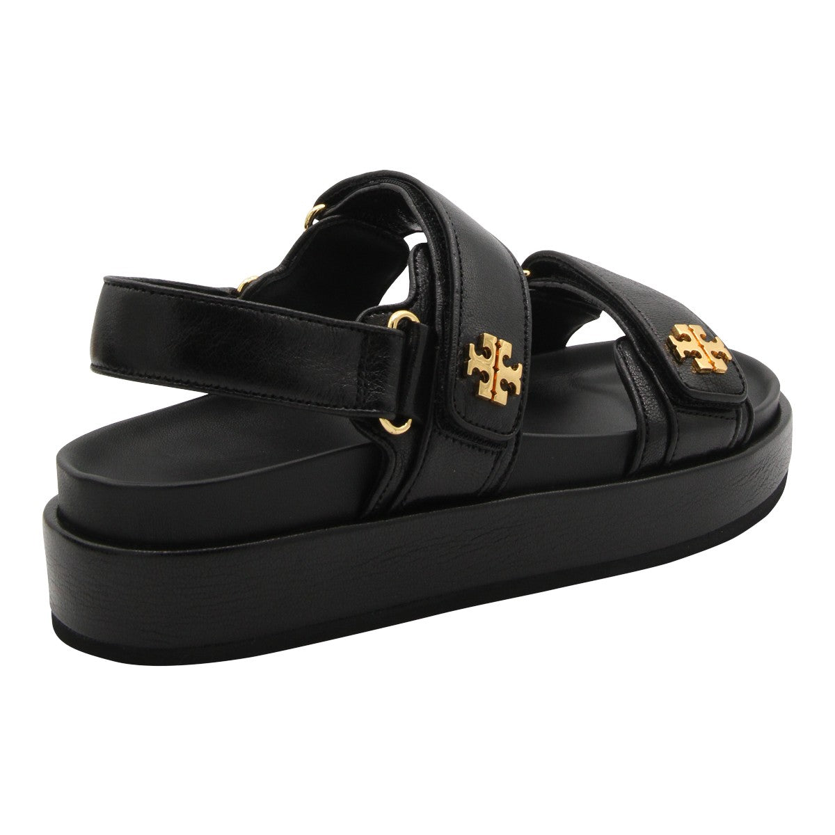Black Platform Sandals with Gold-tone Logo Emblem