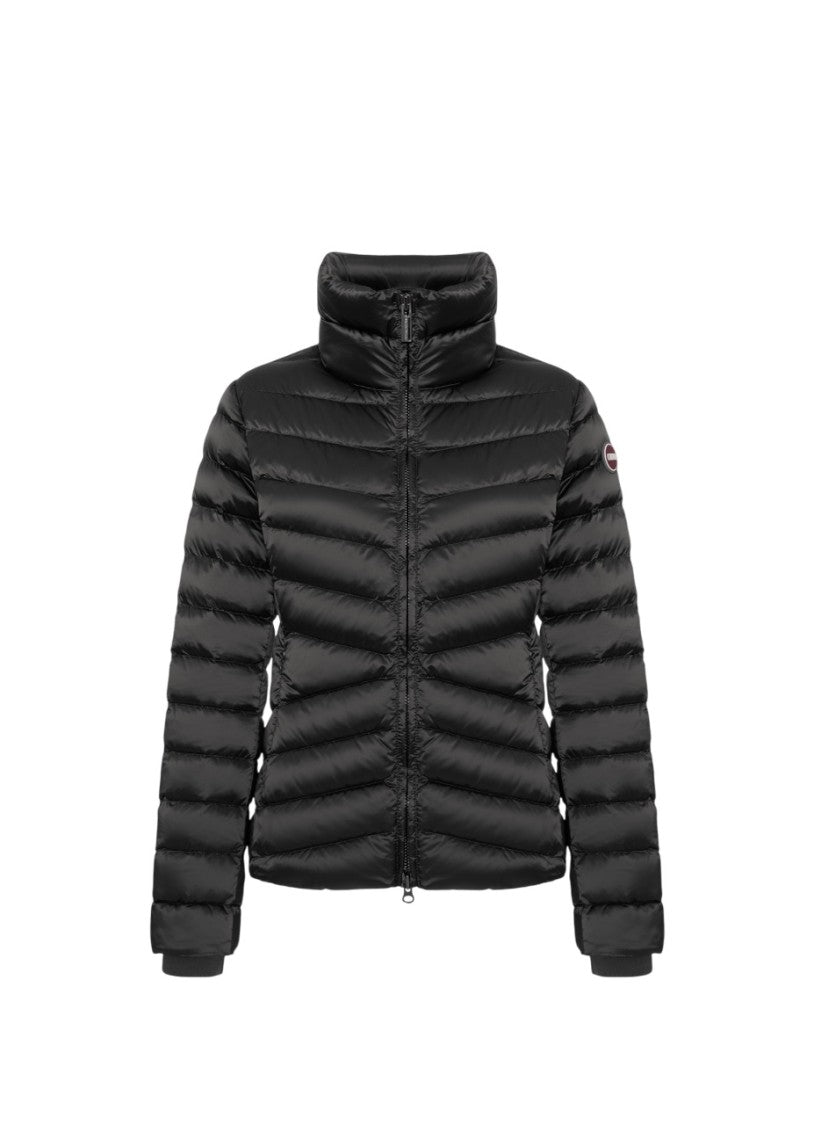 Oblique Quilted Down Jacket with High Collar