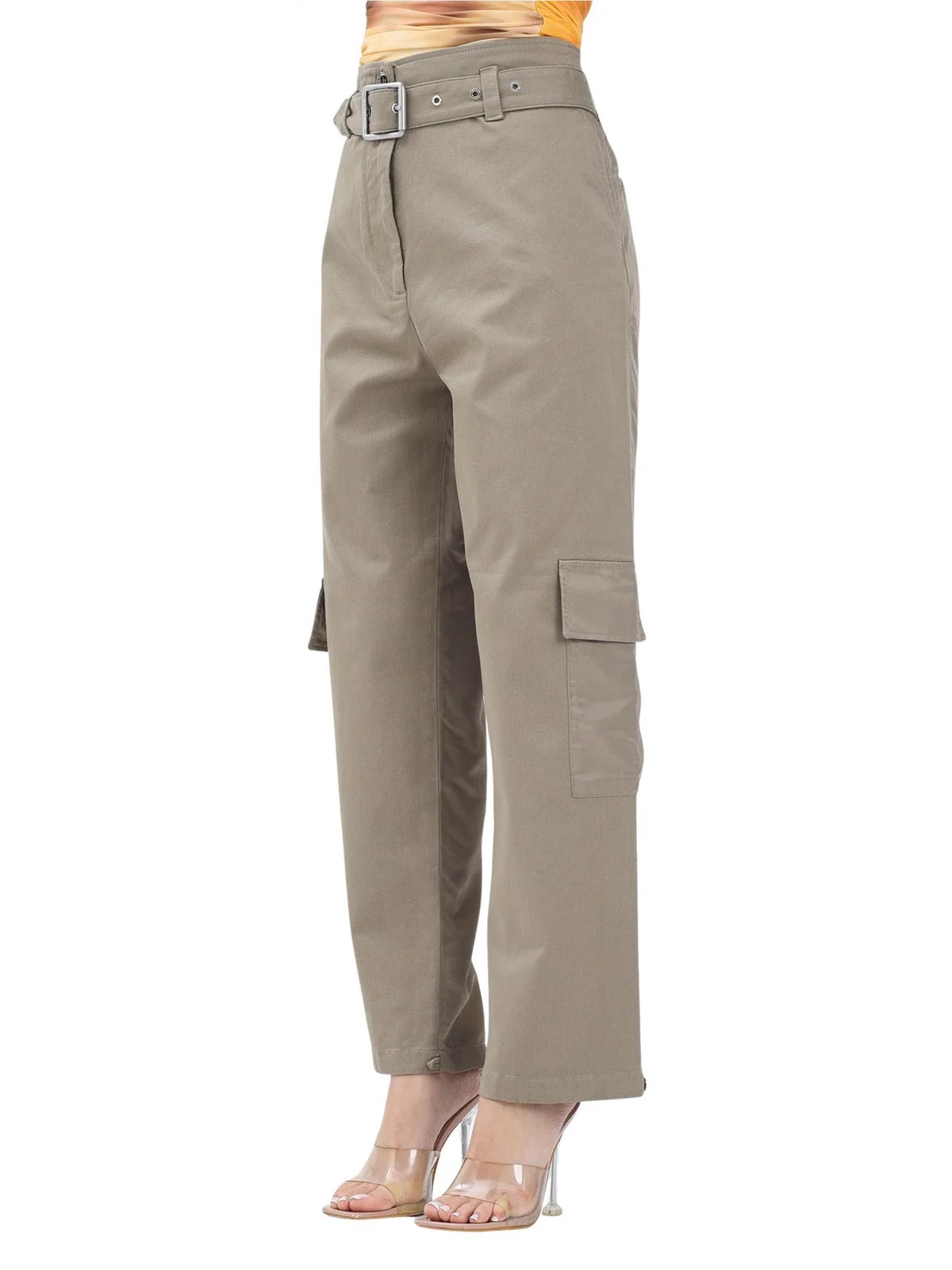 High-Waist Khaki Trousers With Wide-Leg Silhouette And Belted Waist