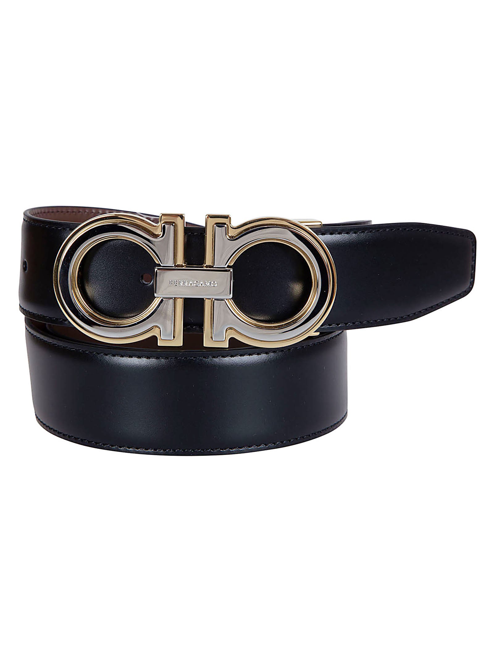Leather Belt with Polished Gold Gancini Buckle