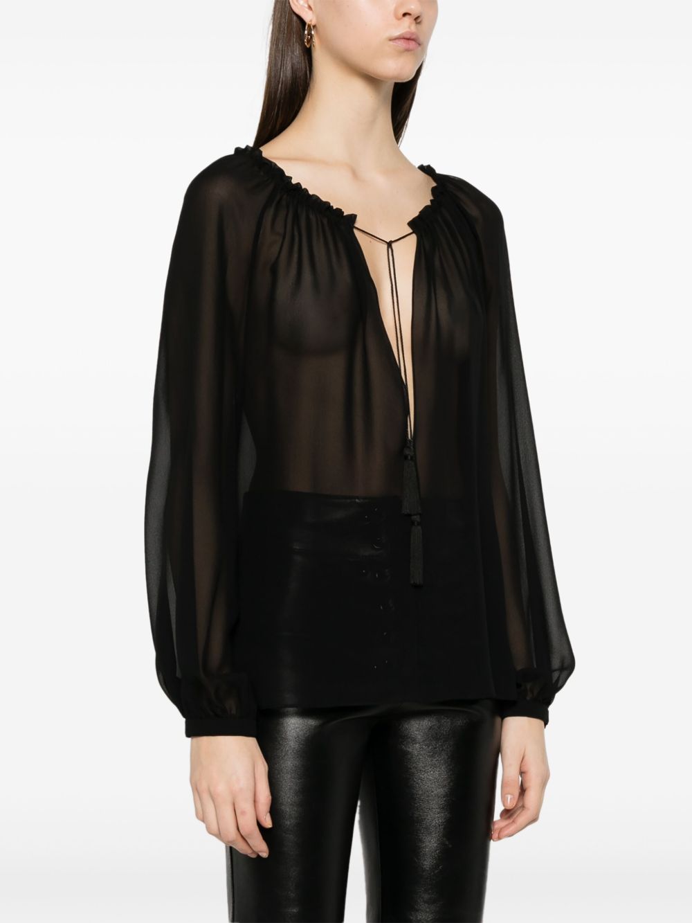 Silk Blouse With Gathered Neckline And Tasseled Lavallière