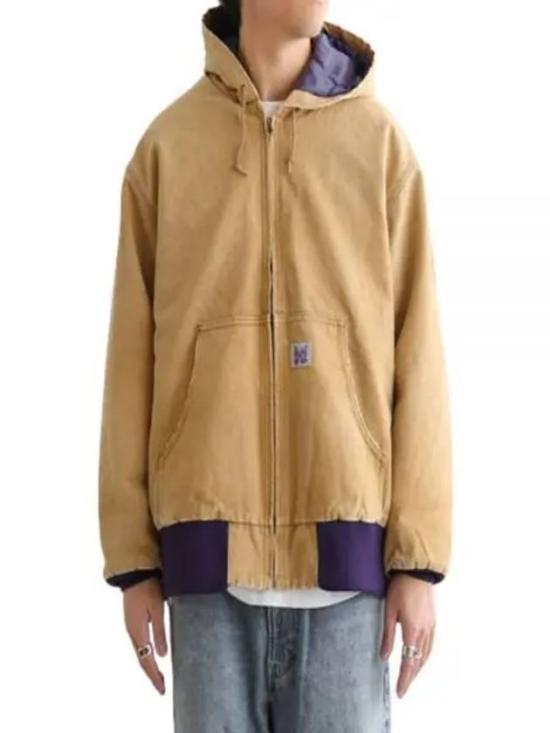 Hooded Brown Jacket with Smooth Texture and Contrast Details