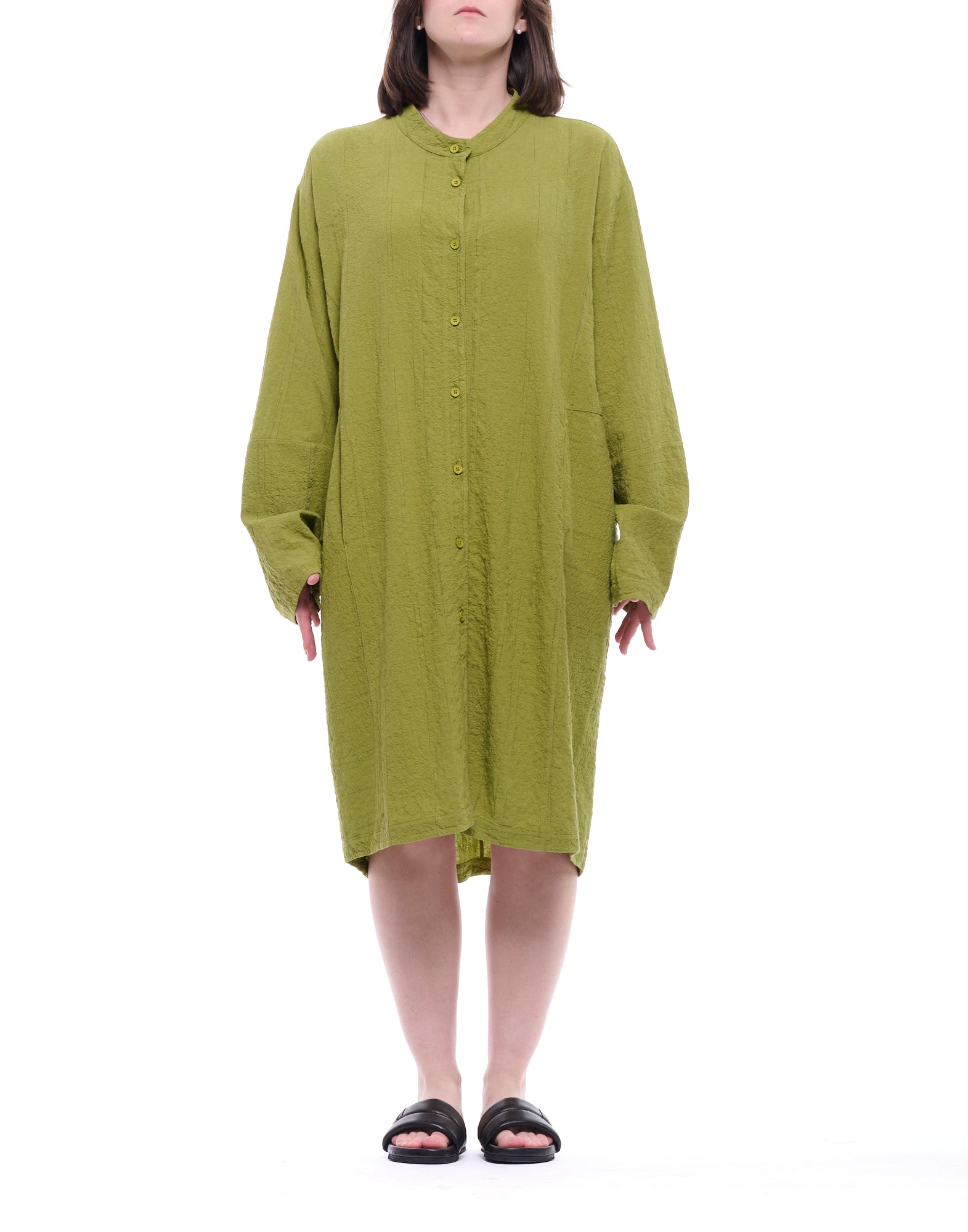 Olive Long Button-Front Dress with Fluid Silhouette