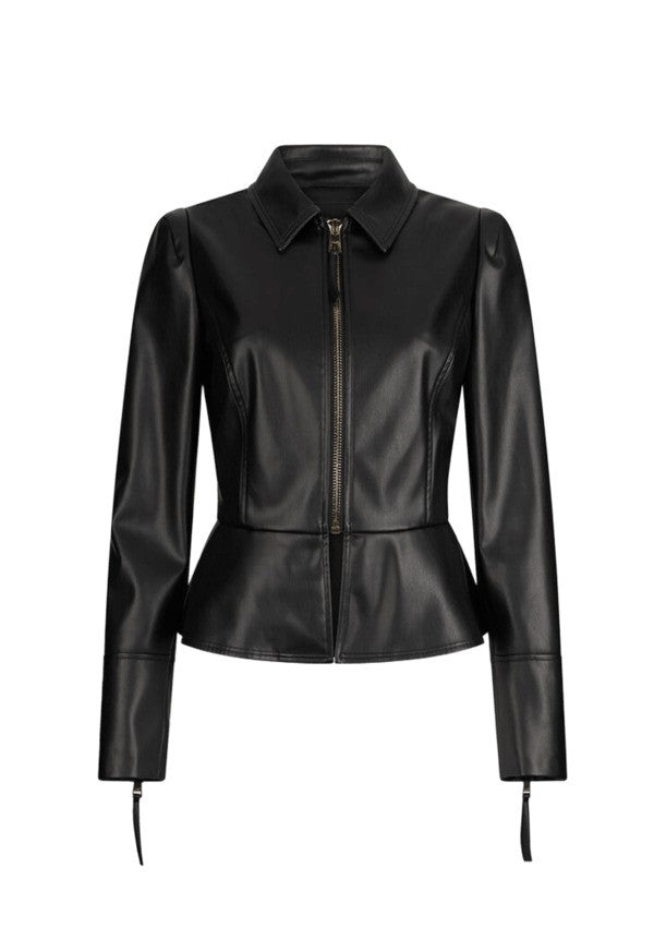 Coated Fabric Peplum Jacket With Zip Cuffs And Metal Logo