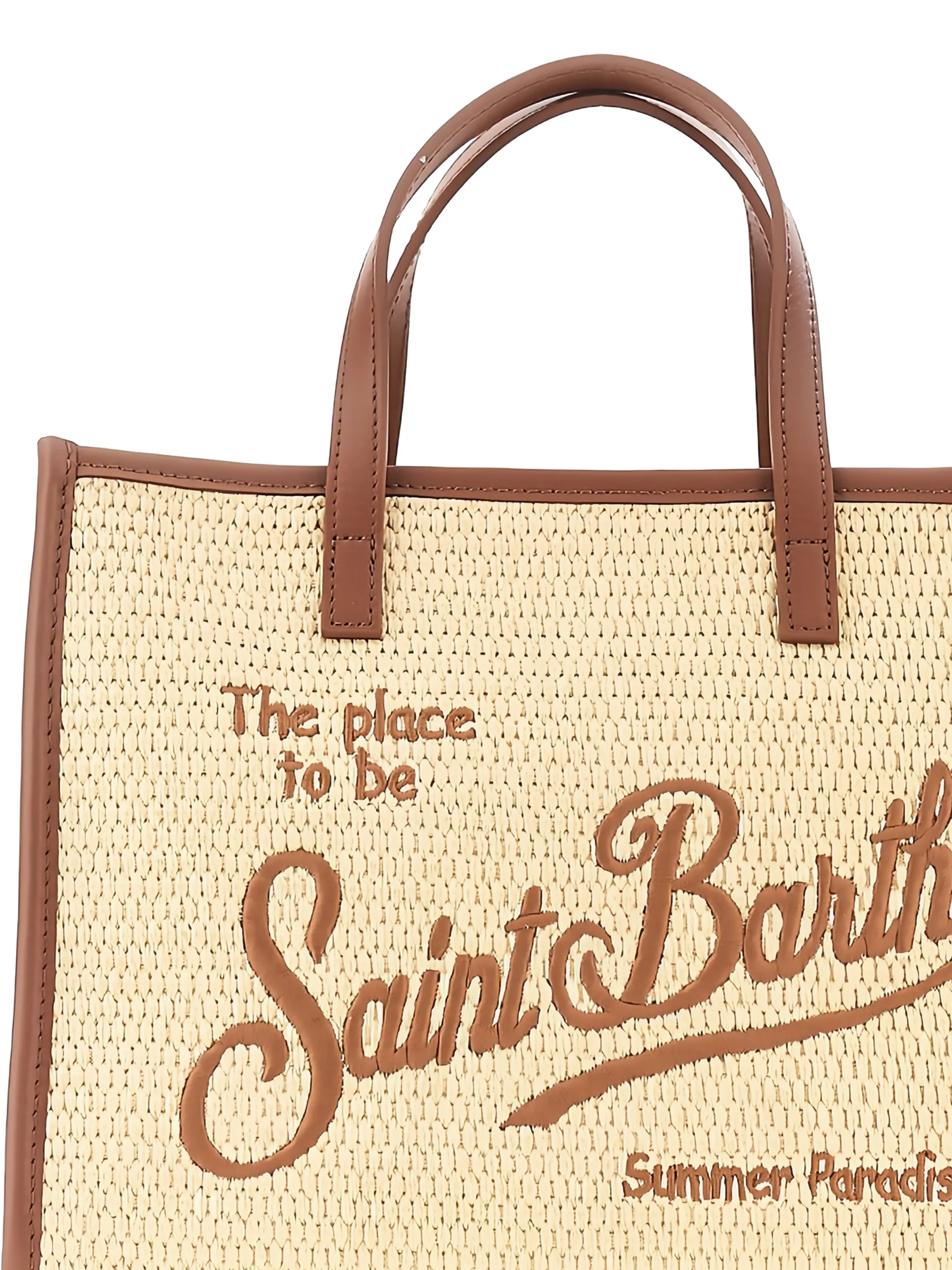 Rectangular Woven Tote Bag with Embroidered Script