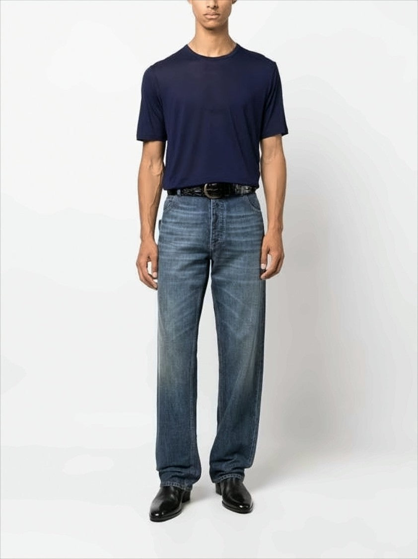 Embroidered Logo Blue Rayon T-Shirt