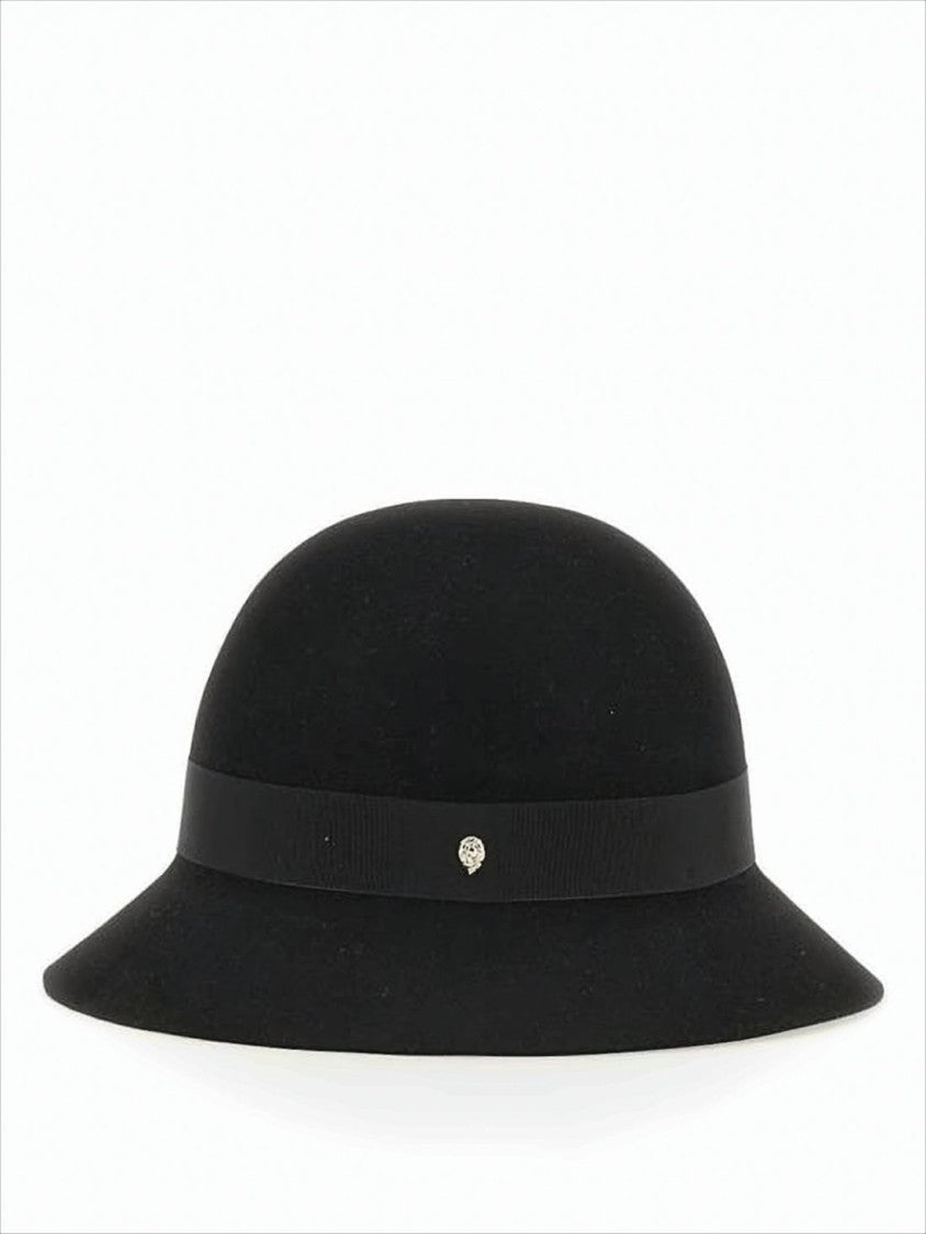 Cloche Hat In Black Merino Wool With Grosgrain Ribbon