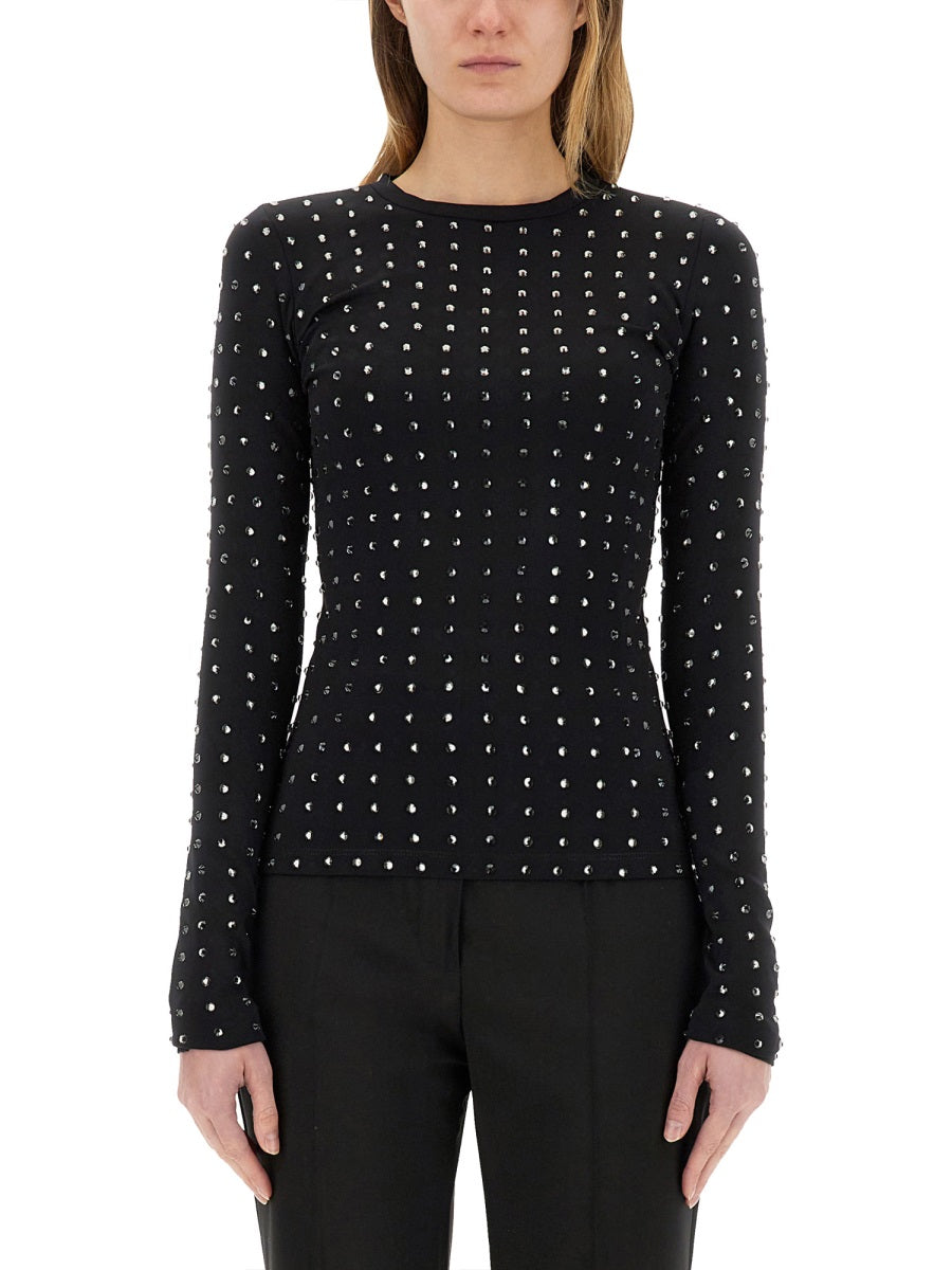 Fitted Black Long-Sleeve Top With Crystal Embellishments