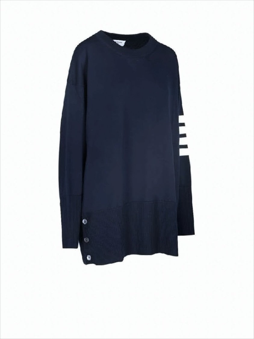 Relaxed Fit Wool Sweater with Striped Sleeve and Button Accents